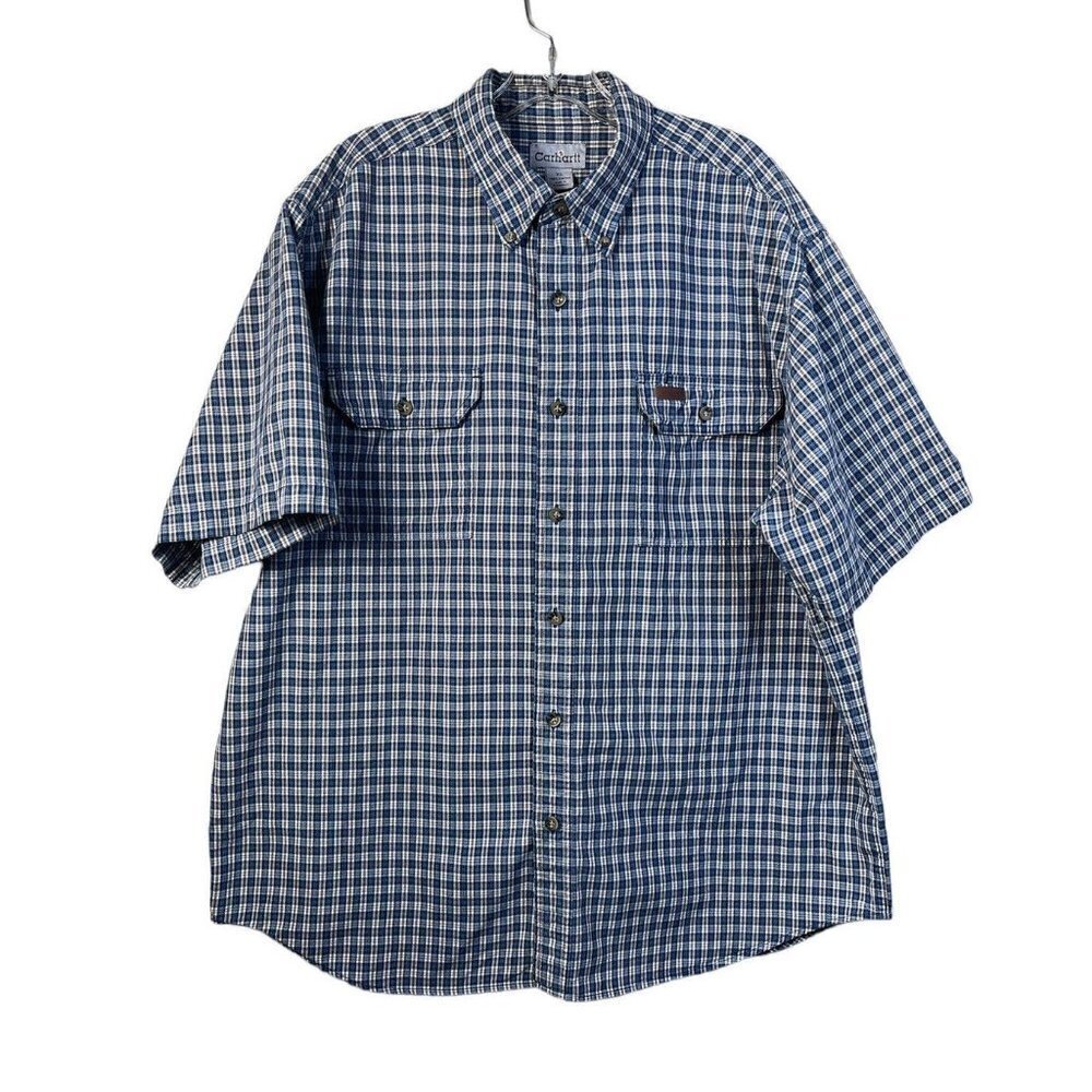 Vintage Carhartt Short Sleeve Men's Button Front 100% Cotton Shirt Plaid Size XL